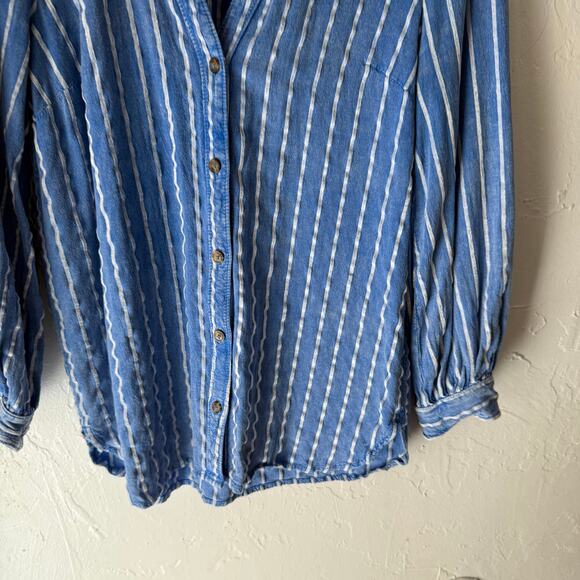 Anthropologie Size 8 Medium Blue Striped Viscose Linen Blend Button Up Long Slv - Picture 3 of 10